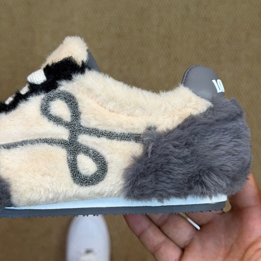 LOEWE Flow Runner Shearling Sneakers Ecru Dark Grey Luxury Designer Trainers - Image 6