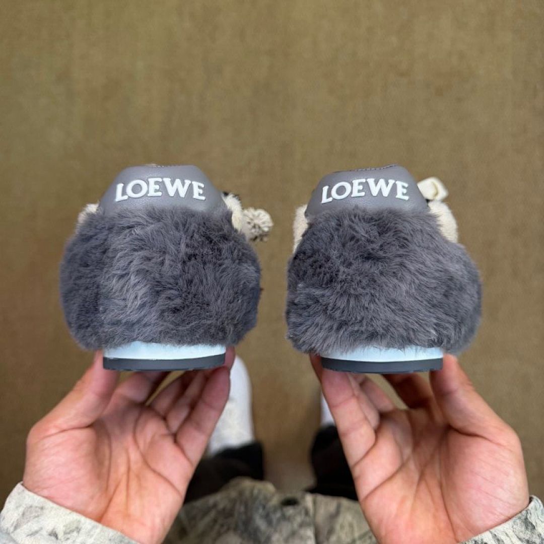 LOEWE Flow Runner Shearling Sneakers Ecru Dark Grey Luxury Designer Trainers - Image 7