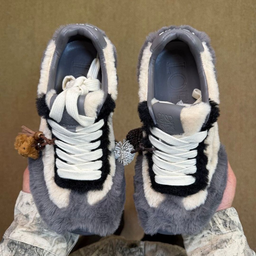 LOEWE Flow Runner Shearling Sneakers Ecru Dark Grey Luxury Designer Trainers - Image 9
