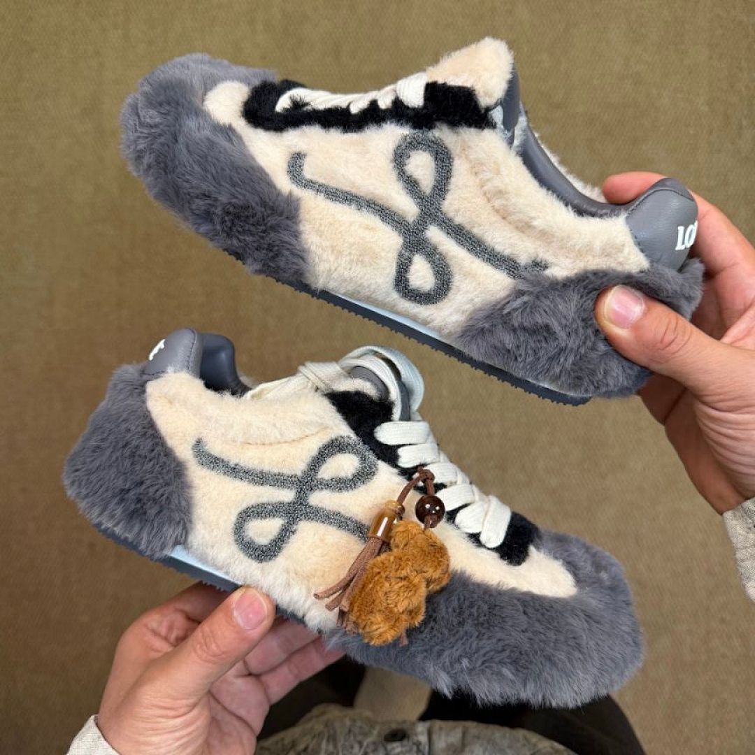 LOEWE Flow Runner Shearling Sneakers Ecru Dark Grey Luxury Designer Trainers - Image 10