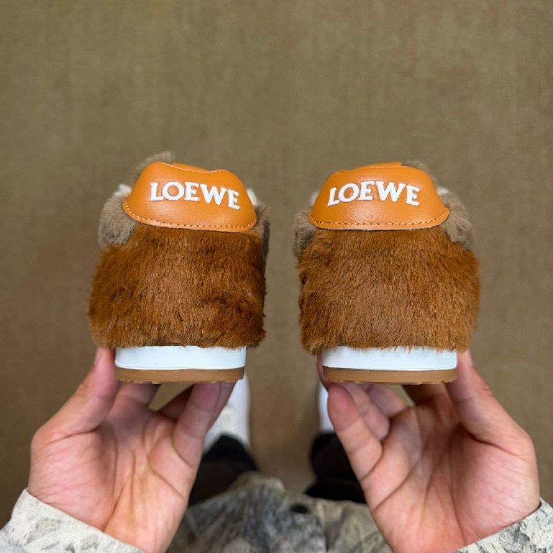 Loewe L.A. L Knot Furry Low-Top Sneakers Brown Ecru Red, Luxury Designer Trainers, Fluffy Shearling Shoes, Unisex - Image 7
