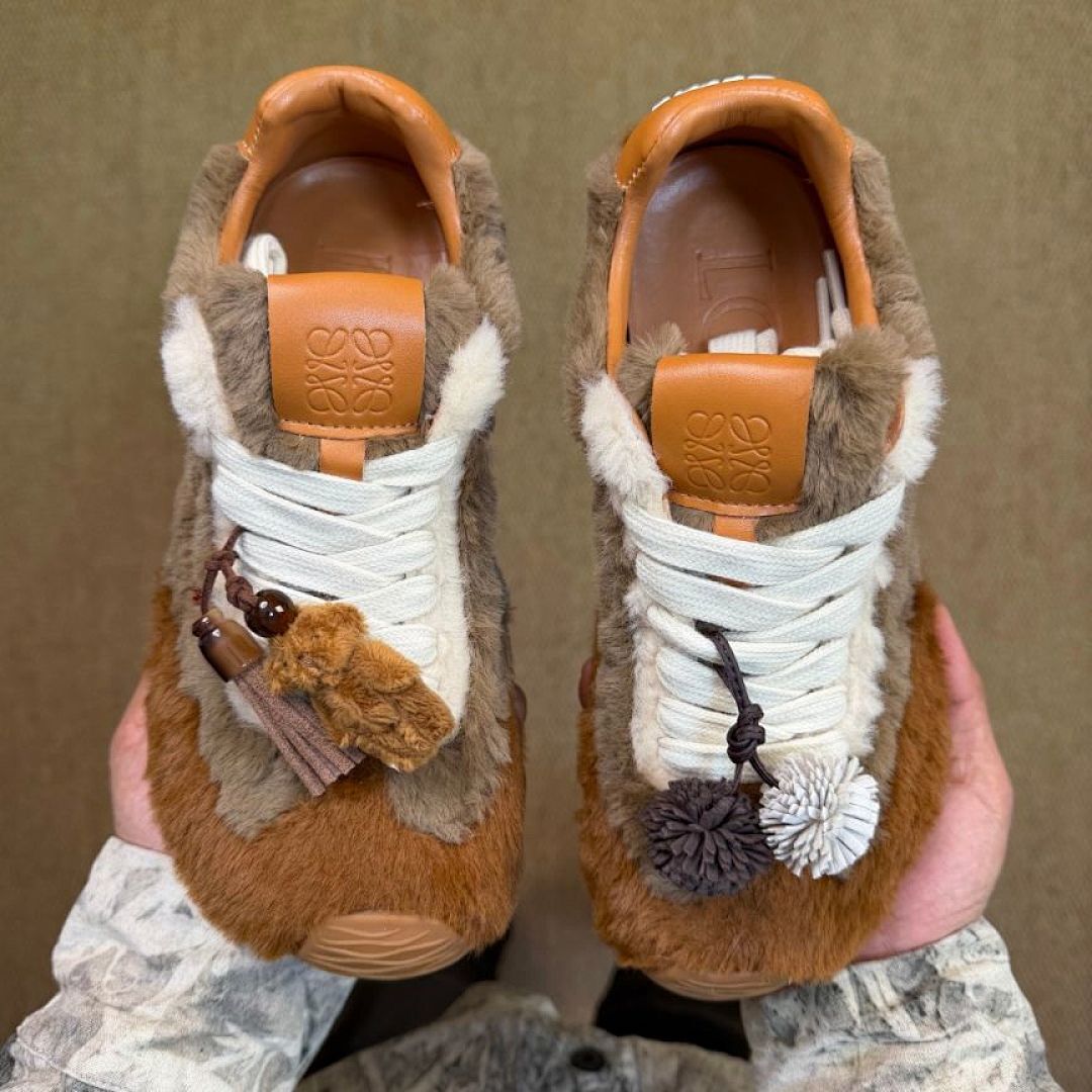 Loewe L.A. L Knot Furry Low-Top Sneakers Brown Ecru Red, Luxury Designer Trainers, Fluffy Shearling Shoes, Unisex - Image 9