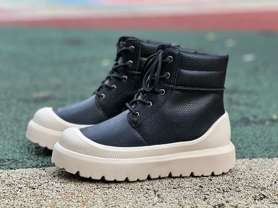 Black Pebbled Leather Lace-Up Combat Boots with Cream Chunky Platform Sole