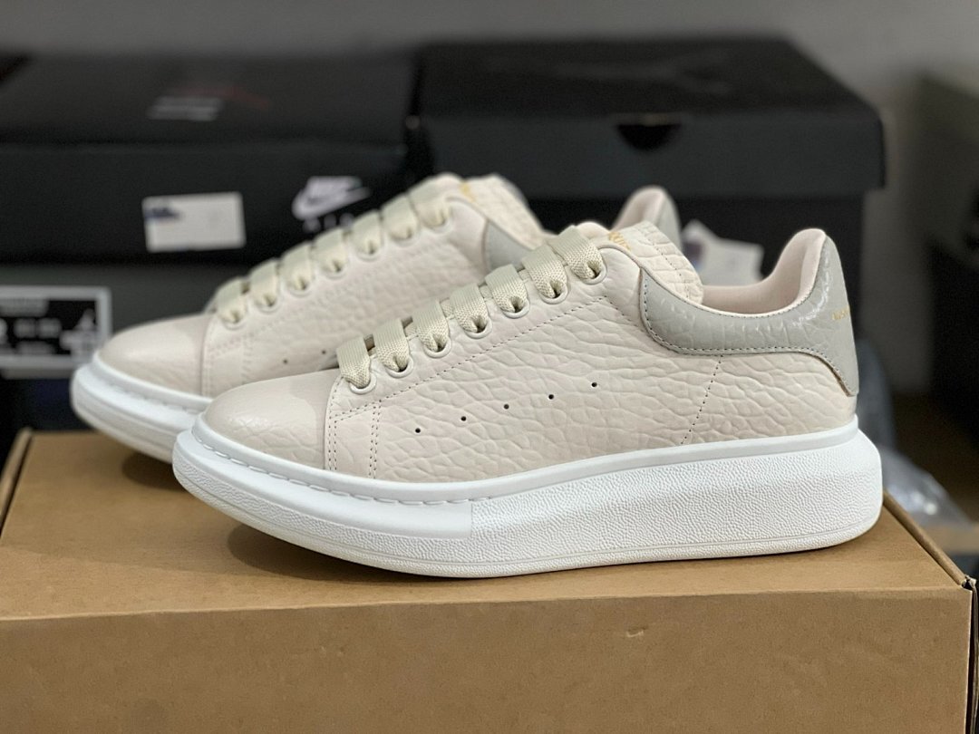 Alexander McQueen Oversized Sneaker Cream Ivory Pebbled Leather Grey Heel Tab White Sole Luxury Designer Platform Trainers