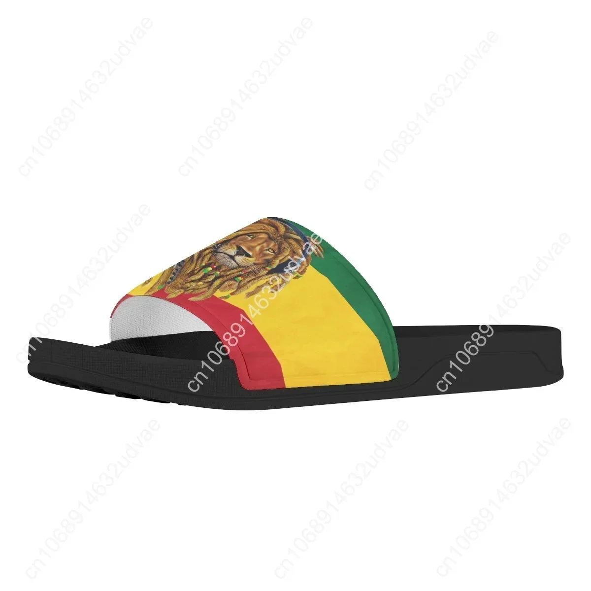 Unisex Rastafarian Lion of Judah Slide Sandals, Reggae Rasta Slippers, Ethiopian Flag Colors Green Yellow Red Comfort Casual Beach Shower Footwear