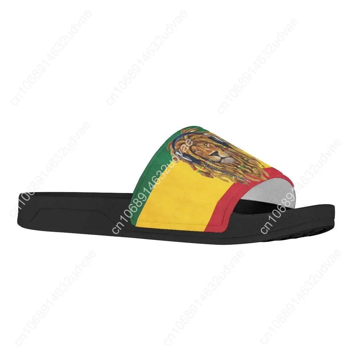 Unisex Rastafarian Lion of Judah Slide Sandals, Reggae Rasta Slippers, Ethiopian Flag Colors Green Yellow Red Comfort Casual Beach Shower Footwear