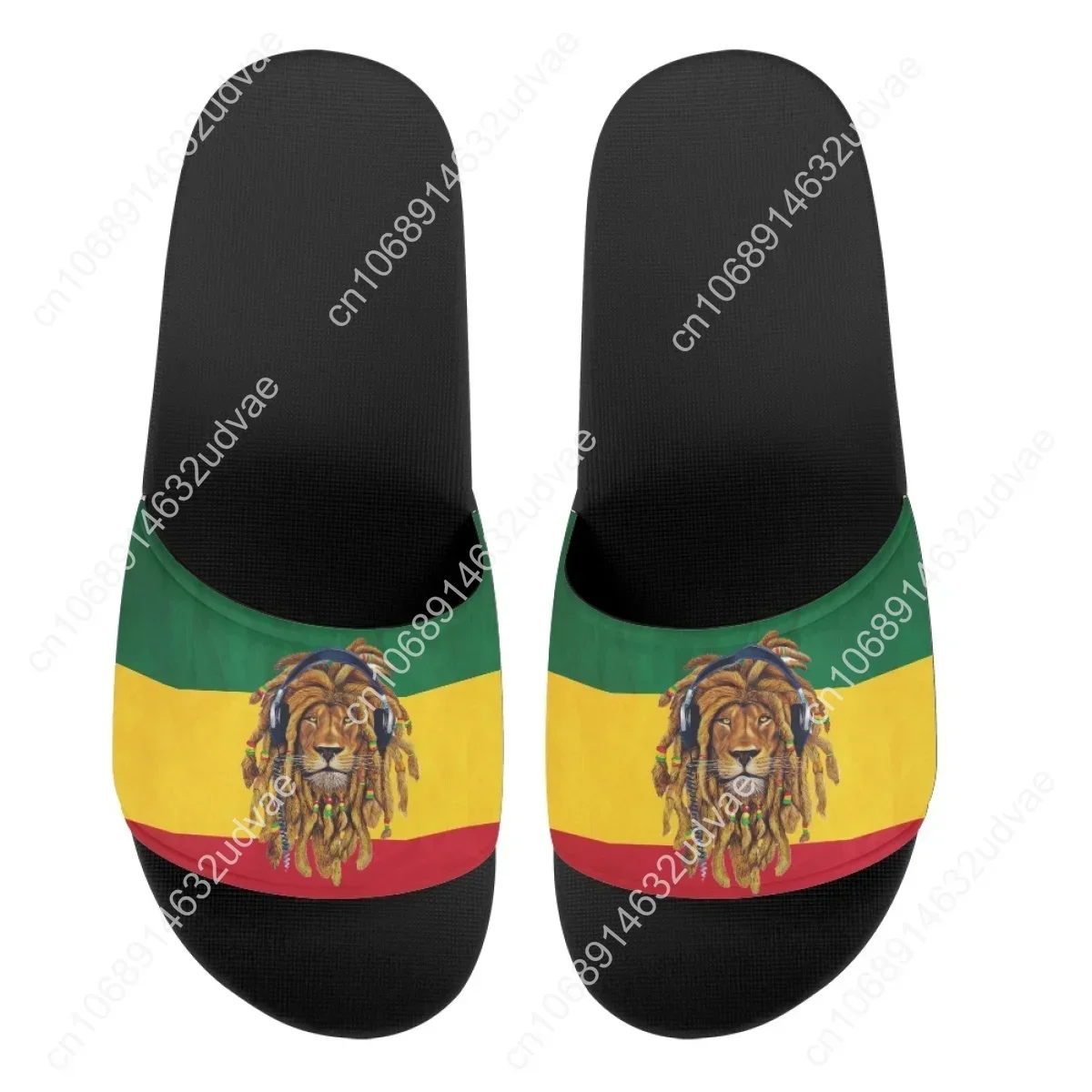 Unisex Rastafarian Lion of Judah Slide Sandals, Reggae Rasta Slippers, Ethiopian Flag Colors Green Yellow Red Comfort Casual Beach Shower Footwear