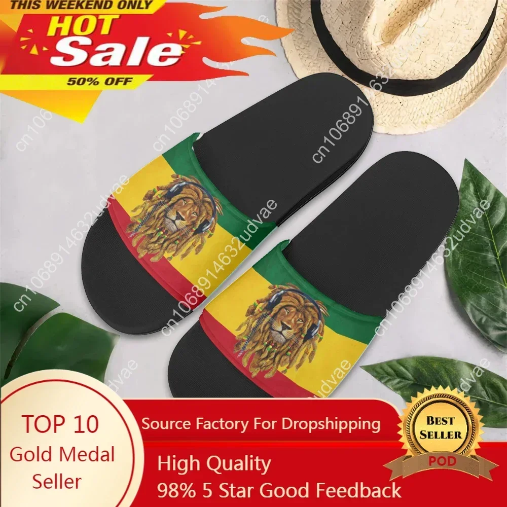 Unisex Rastafarian Lion of Judah Slide Sandals, Reggae Rasta Slippers, Ethiopian Flag Colors Green Yellow Red Comfort Casual Beach Shower Footwear