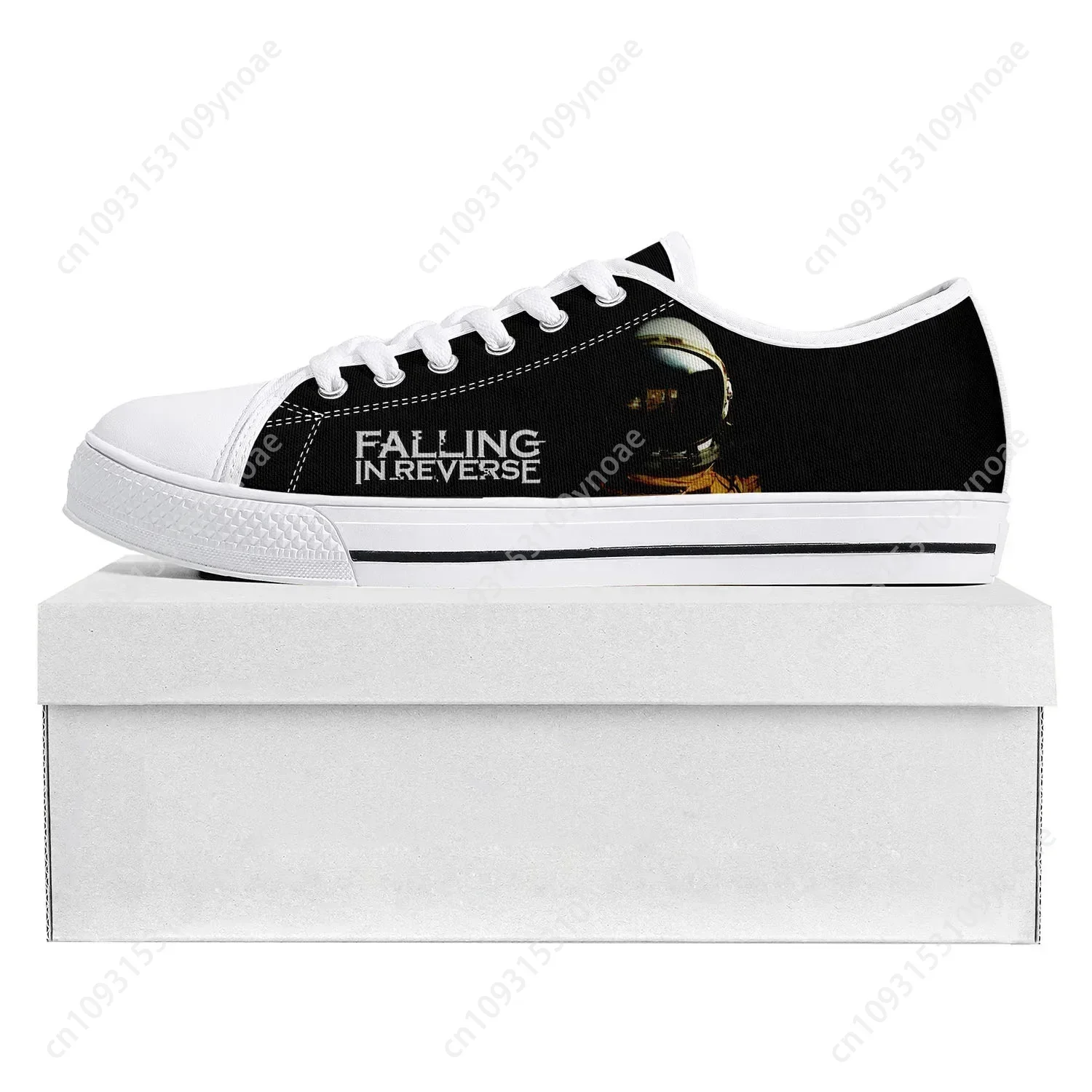 White Falling in Reverse Skeleton Cat Print Low Top Canvas Sneakers Unisex Band Merchandise Shoes - Image 2